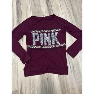 PINK Victoria's Secret Woman Burgundy Long Sleeve Tee T-Shirt Silver Sequins XS